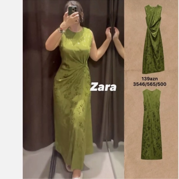 ruched jacquard midi dress zara ZARA NWT WOMAN SS24 RUCHED JACQUARD MIDI DRESS GREEN | 3546/565
